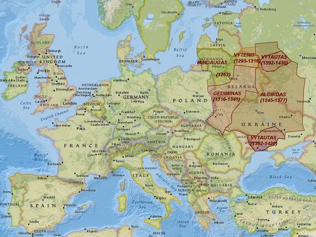 Map of Kingdom of Lithuania. Gediminas, Vytautas, Mindaugas. Grand Duchy.