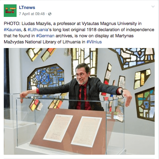 Liudas Mažylis 1918 declaration of independence. On Display.