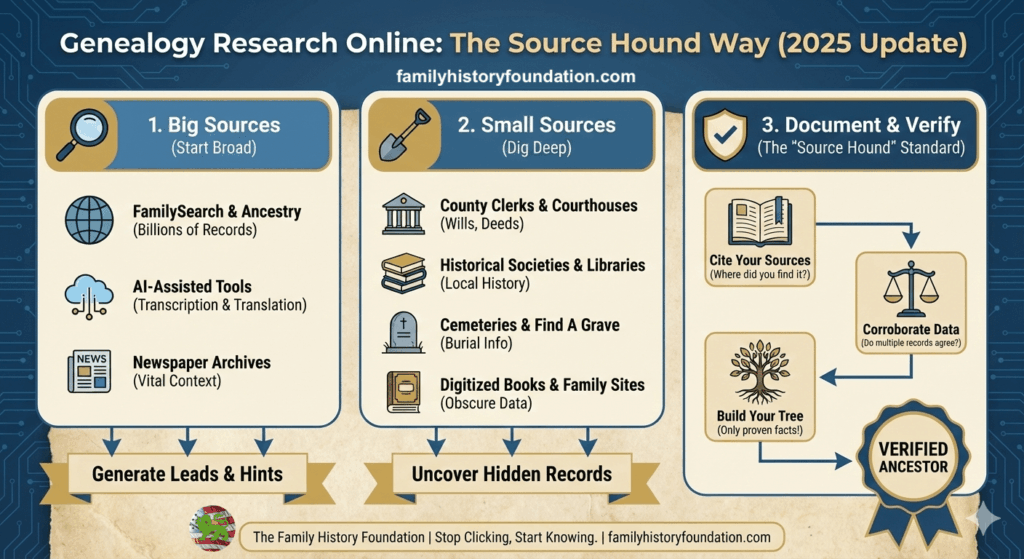 Genealogy Research Online infographic showing the steps to professional genealogy research methods