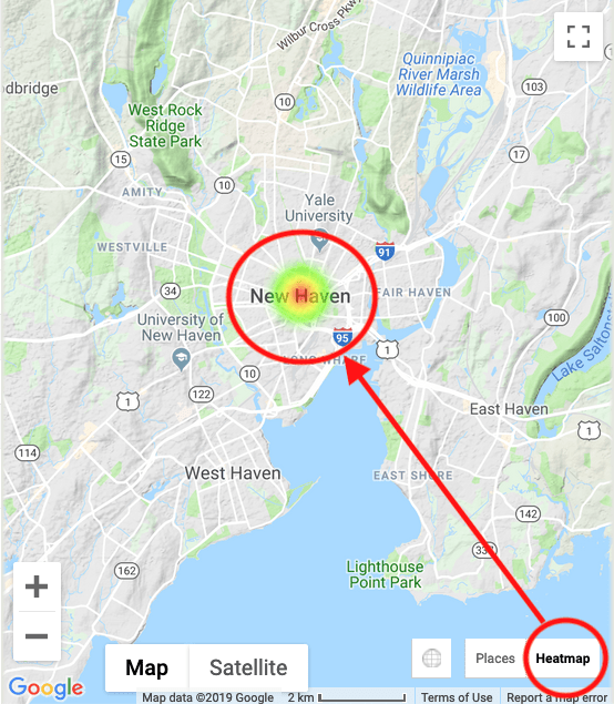 Google Maps inset, New Haven, CT. Heatmap