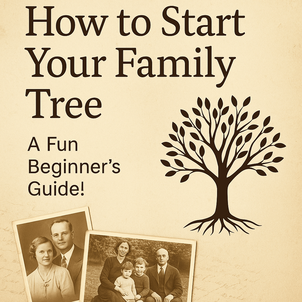 Family tree guide featured image with vintage photos and genealogy tree illustration