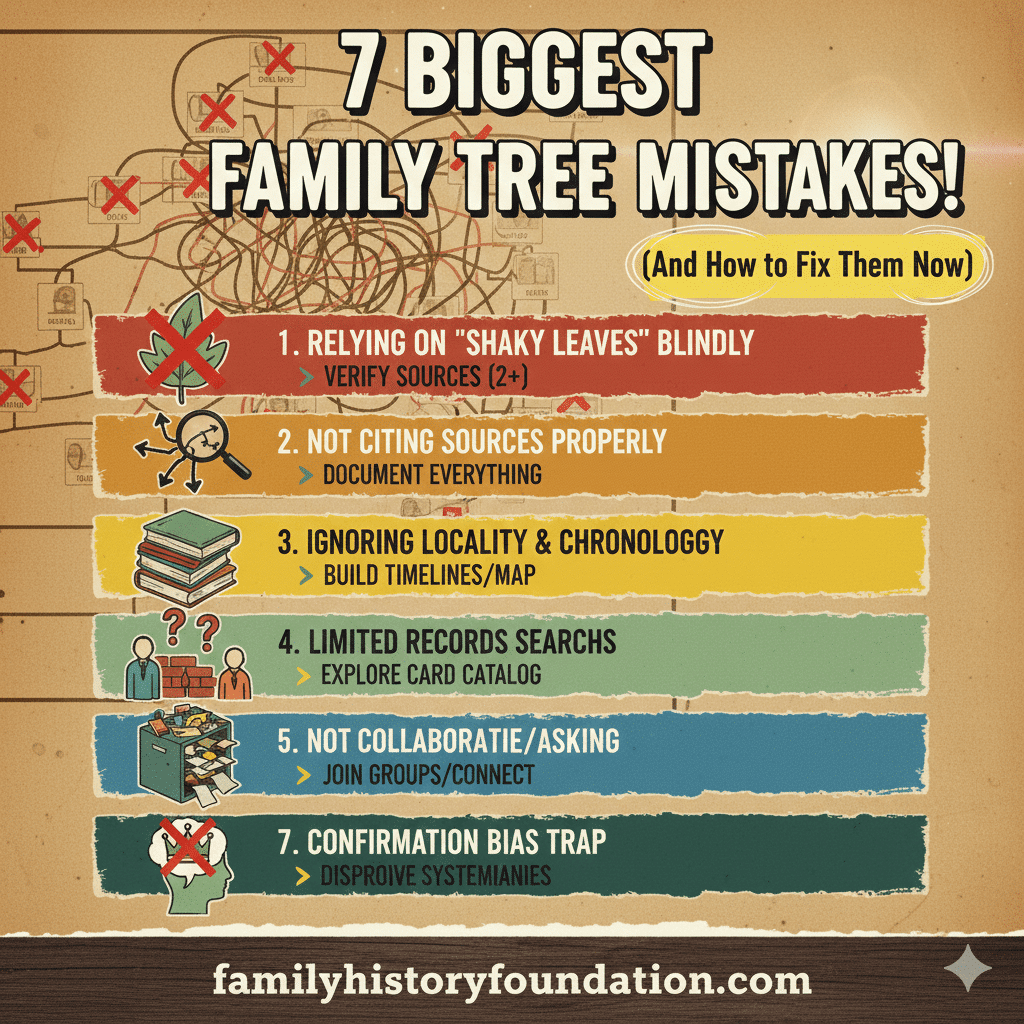 7 Biggest Ancestry Family Tree Mistakes and how to avoid them in your research info graphic image