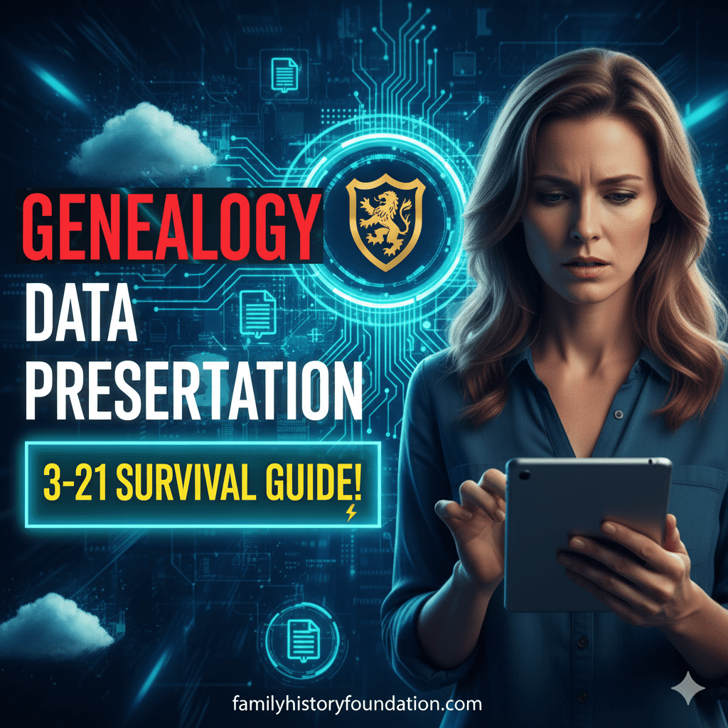 Genealogy Data Preservation Plan Woman holding tablet, digital background.