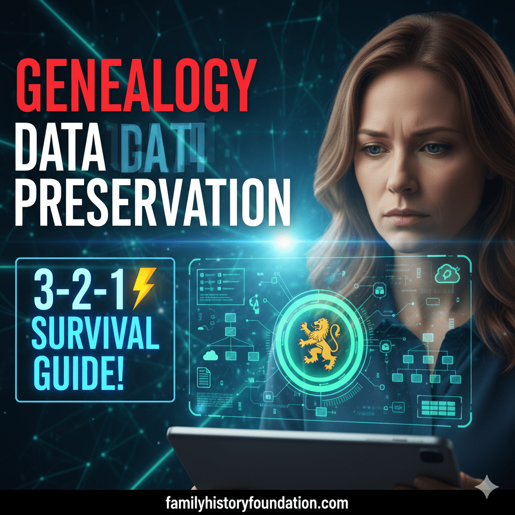 Genealogy Data Preservation Plan Woman holding tablet, digital background.