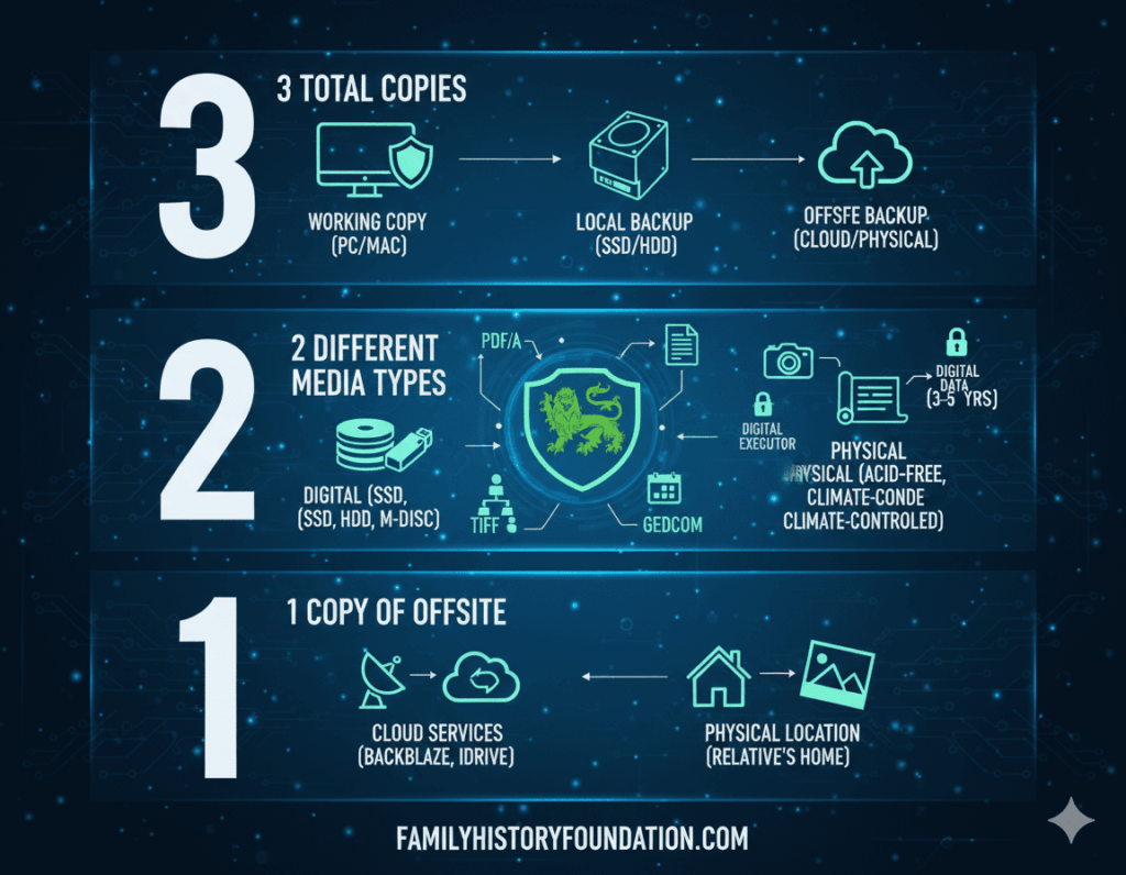 Info graphic for a Genealogy Data Preservation Plan through the steps given to help preserve your genealogy information for the future