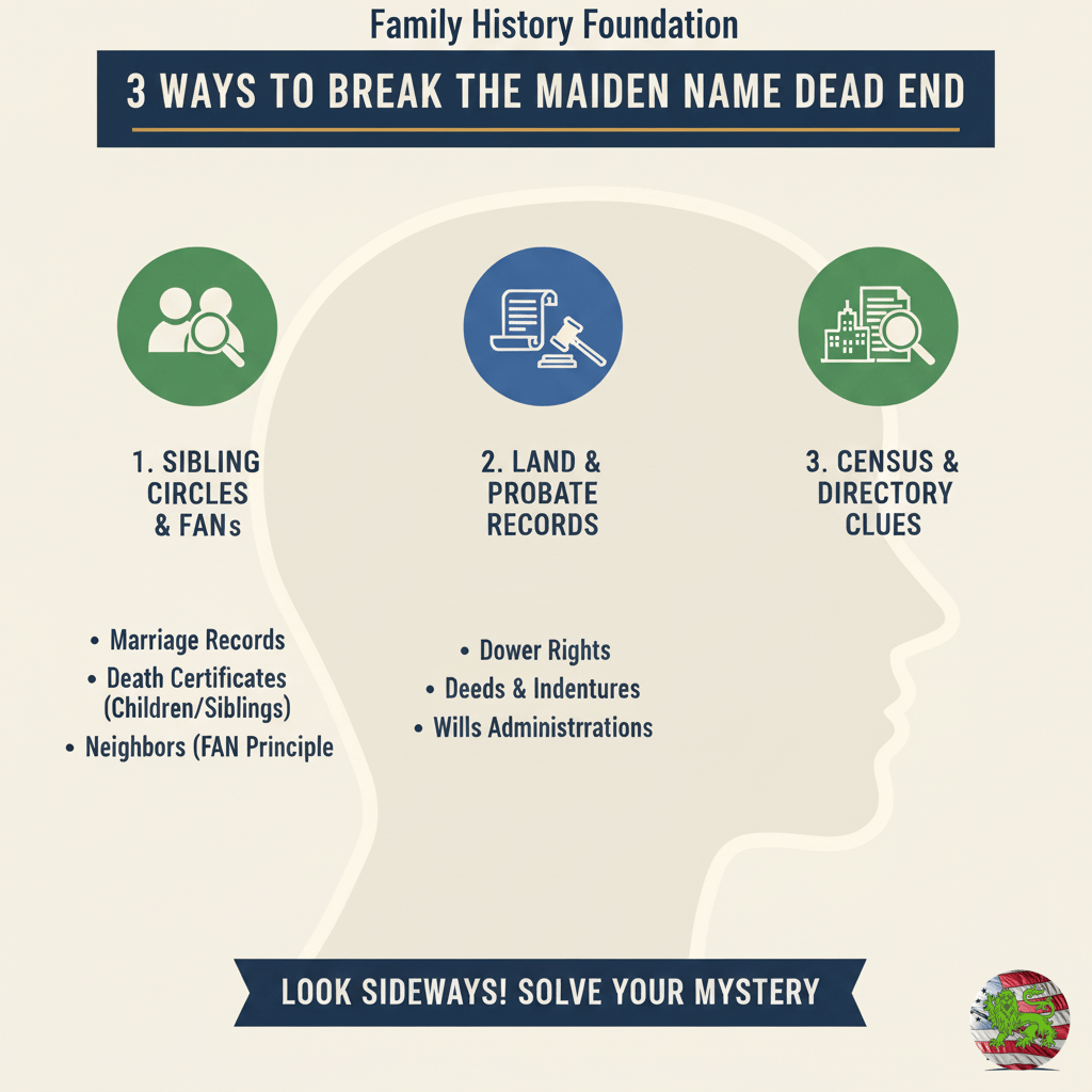 Infographic detailing 3 hidden ways to solve the maiden name dead end using lateral research, land records, and census data for Family History Foundation