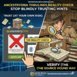 AncestryDNA ThruLines Reality Check showing choice between accepting or verifying sleuth with magnifying glass