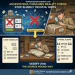 AncestryDNA ThruLines Reality Check info graphic showing choice between accepting or verifying sleuth with magnifying glass