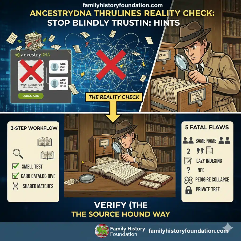 AncestryDNA ThruLines Reality Check info graphic showing choice between accepting or verifying sleuth with magnifying glass