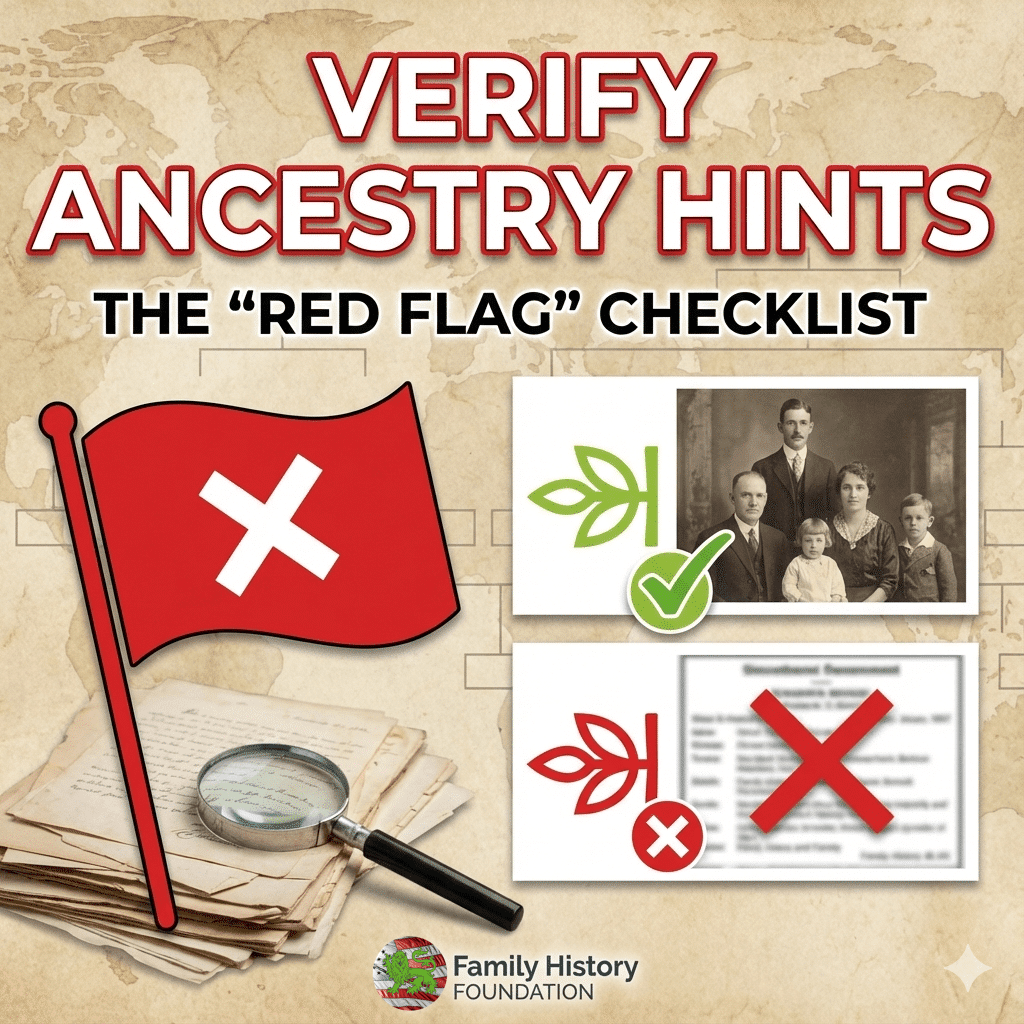 Verify Ancestry Hints. showing red flag and Ancestry pages with leafs