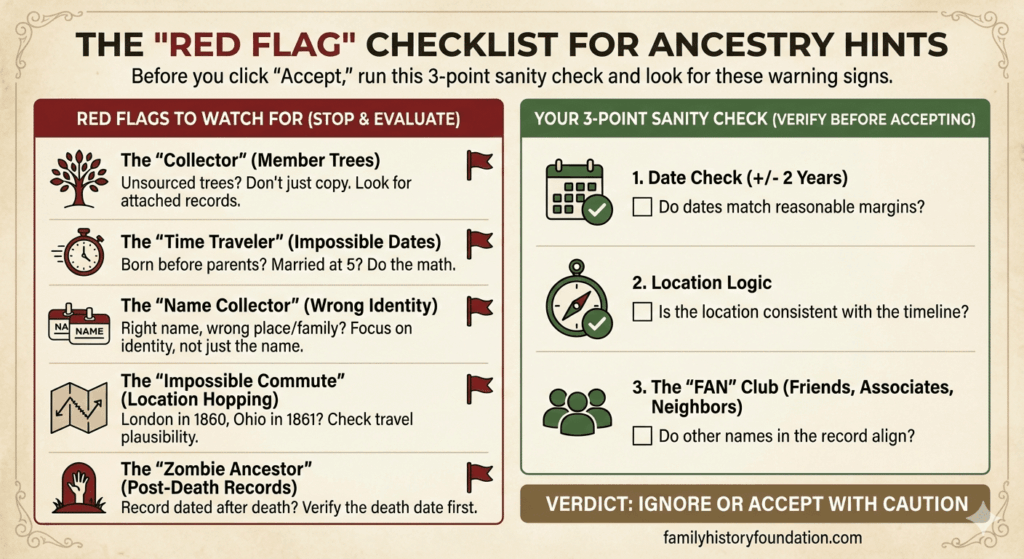 Verify Ancestry Hints: infographic showing red flag values and safety logic values