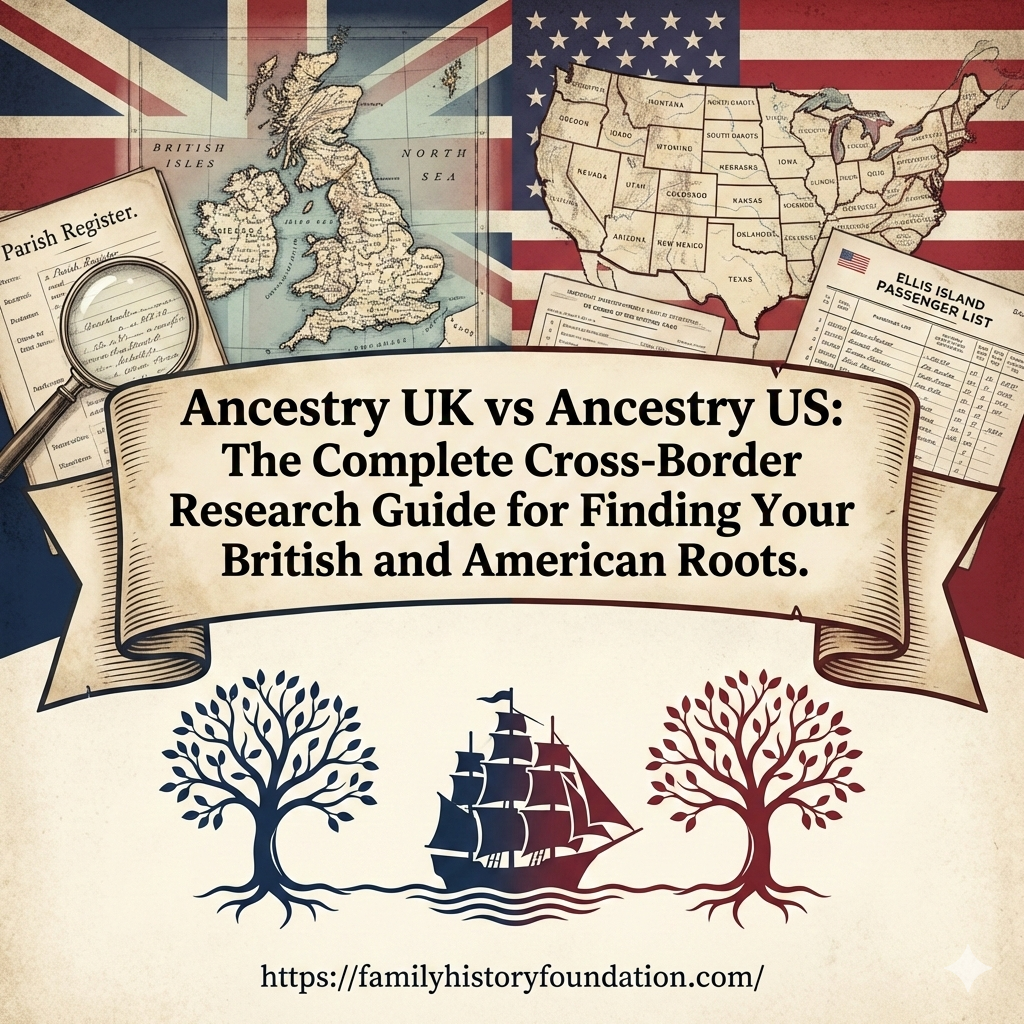 Ancestry UK and Ancestry US cross-border genealogy research guide with British parish registers, American maps, and transatlantic ship imagery