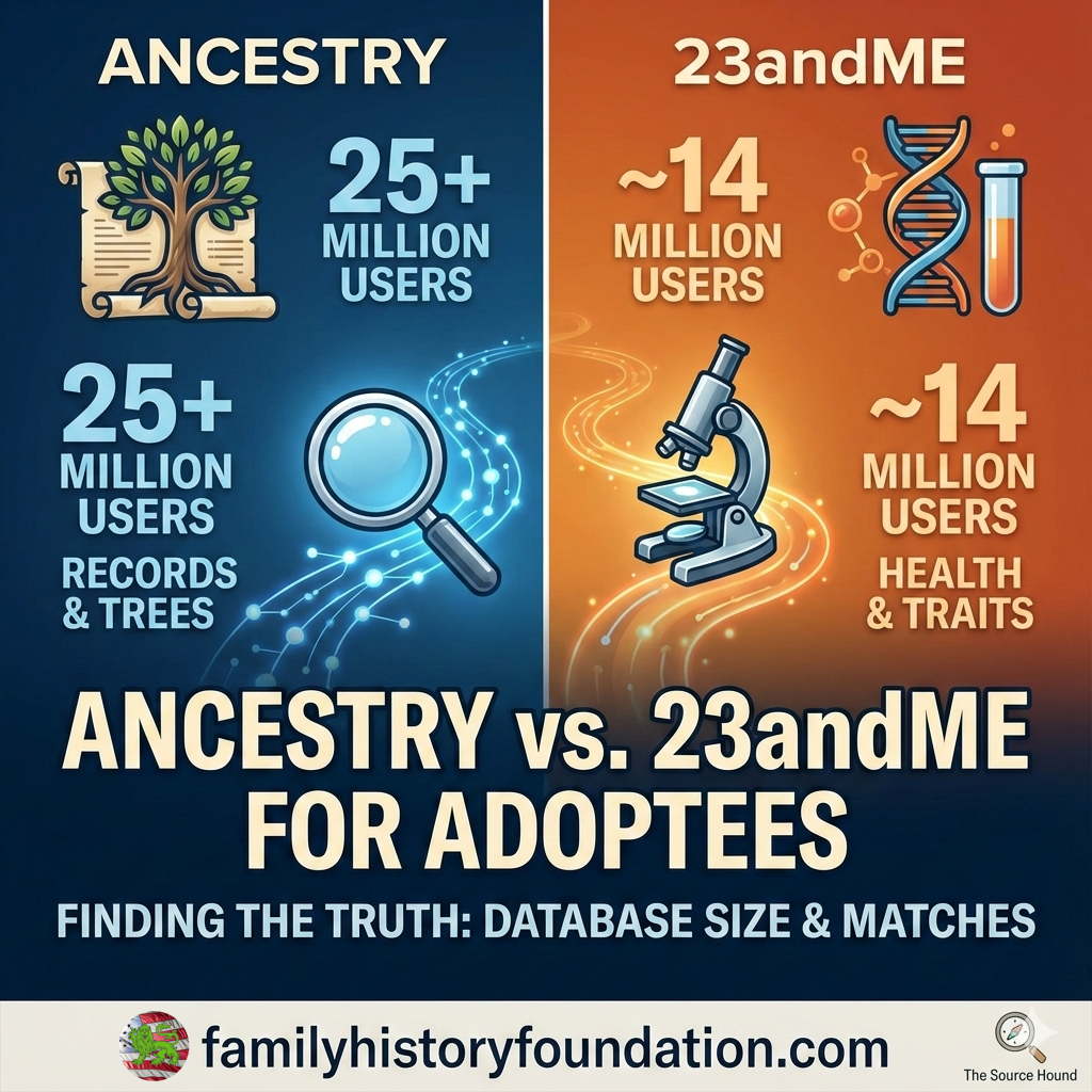 the choice of Ancestry vs 23andMe for Adoptees A side-by-side comparison infographic titled "Ancestry vs. 23andMe for Adoptees" from Family History Foundation. The Ancestry side (blue) features a family tree icon and magnifying glass, highlighting a database of 25+ million users and access to historical records and trees. The 23andMe side (orange) features a microscope and DNA helix, highlighting ~14 million users and focus on health and genetic traits. The bottom features the URL familyhistoryfoundation.com.