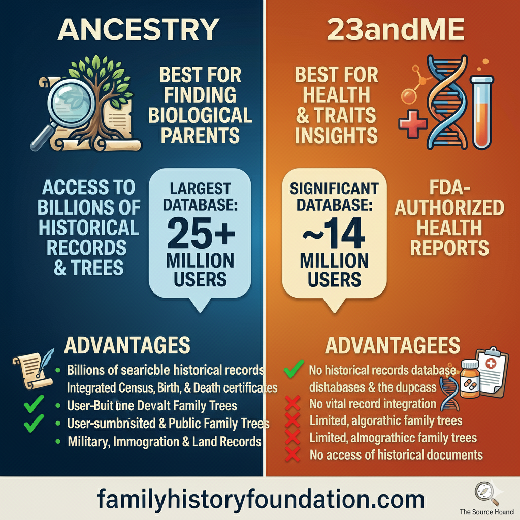 A side-by-side comparison infographic titled "Ancestry vs. 23andMe for Adoptees" from Family History Foundation. The Ancestry side (blue) features a family tree icon and magnifying glass, highlighting a database of 25+ million users and access to historical records and trees. The 23andMe side (orange) features a microscope and DNA helix, highlighting ~14 million users and focus on health and genetic traits. The bottom features the URL familyhistoryfoundation.com.