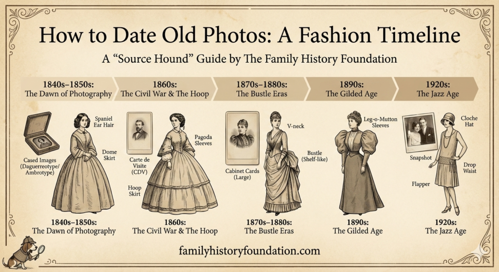 Date Old Photos A vintage-style collage featuring a magnifying glass inspecting antique portraits, surrounded by illustrations of Victorian sleeves, collars, and hats. Text on a scroll reads: 'How to Date Old Photos by Fashion (1840–1950).