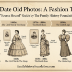 Date Old Photos A vintage-style collage featuring a magnifying glass inspecting antique portraits, surrounded by illustrations of Victorian sleeves, collars, and hats. Text on a scroll reads: 'How to Date Old Photos by Fashion (1840–1950).