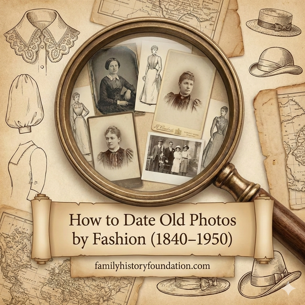 Date Old Photos A vintage-style collage featuring a magnifying glass inspecting antique portraits, surrounded by illustrations of Victorian sleeves, collars, and hats. Text on a scroll reads: 'How to Date Old Photos by Fashion (1840–1950).