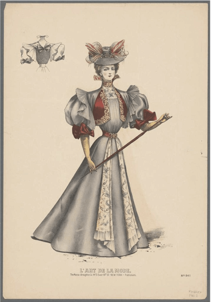 1890s dress with enormous leg-of-mutton sleeves reaching 18 inches across, fitted waist, and flared skirt for dating vintage family photographs - Family History Foundation