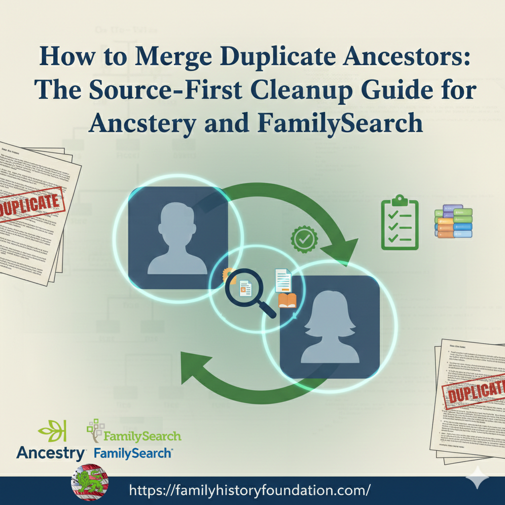 Merge Duplicate Ancestors - with arrows pointing to 2 people on a background of genealogy trees. Title on top