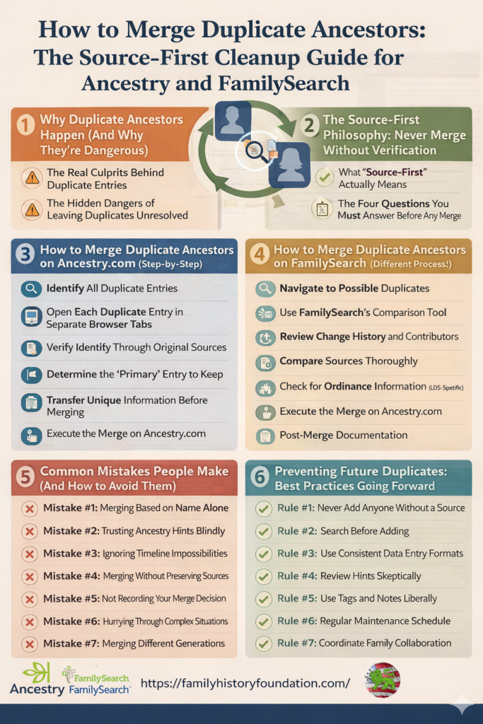 How to Merge Duplicate Ancestors-infographic list of steps and table of contents for article