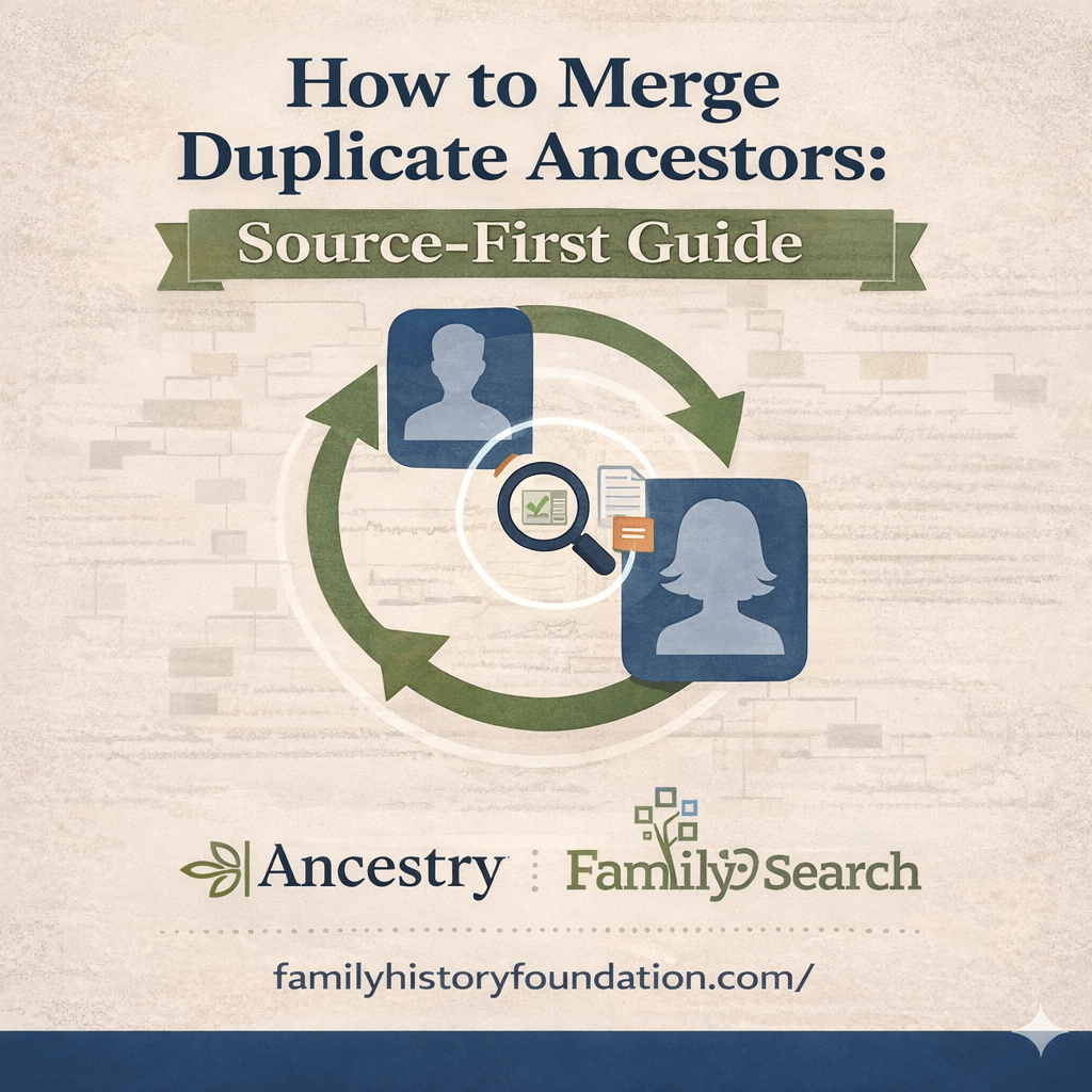 How to Merge Duplicate Ancestors-infographic with arrows pointing to 2 people on a background of genealogy trees. Title on top
