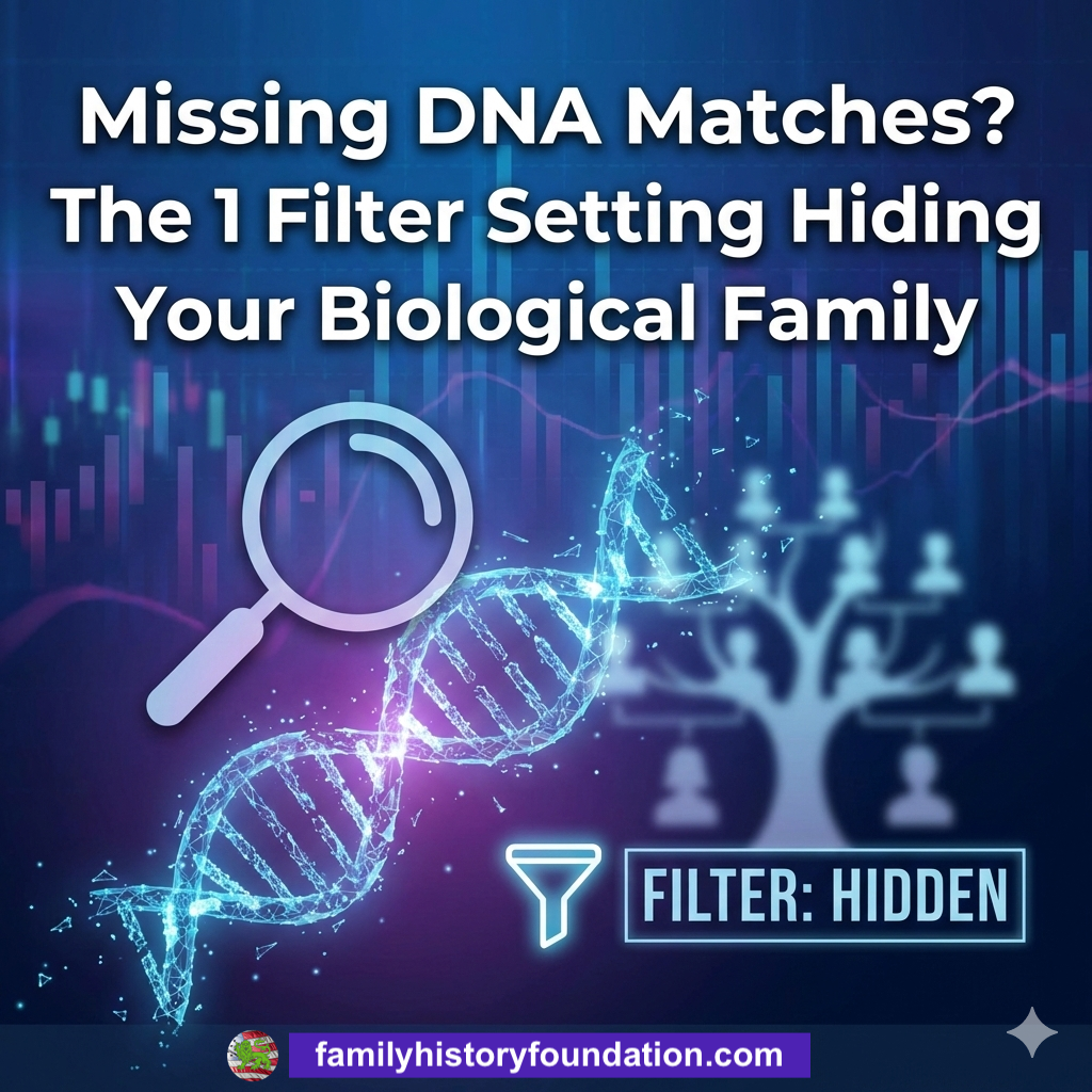 Missing DNA Matches_ showing a magnifying class looking at DNA and a family tree