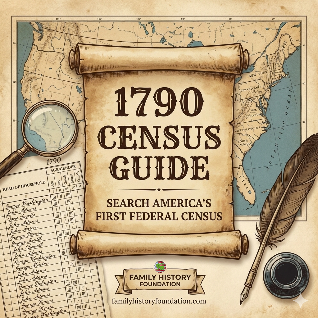 1790 Census guide with parchment and map and scroll with research material