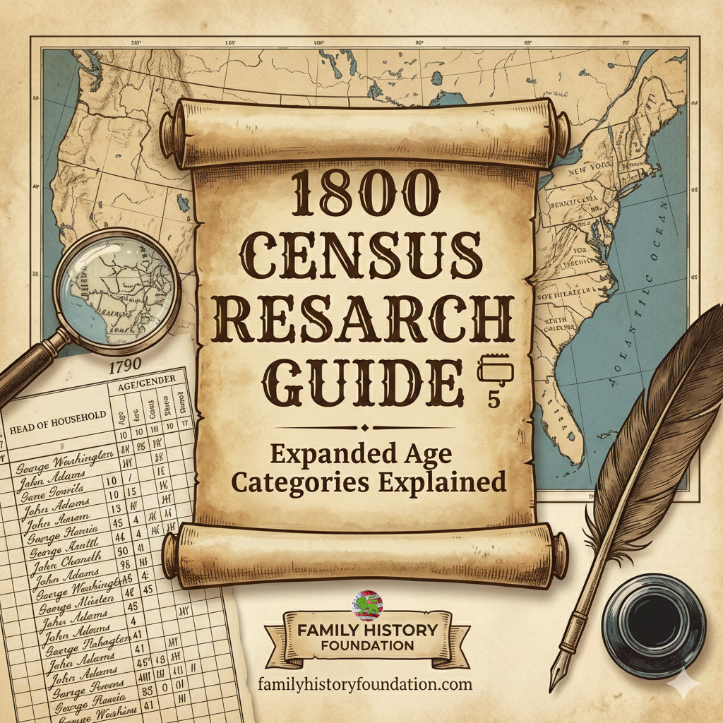 1800 US Federal Census form showing expanded male age categories from under 10 through 45+ for early American genealogy research
