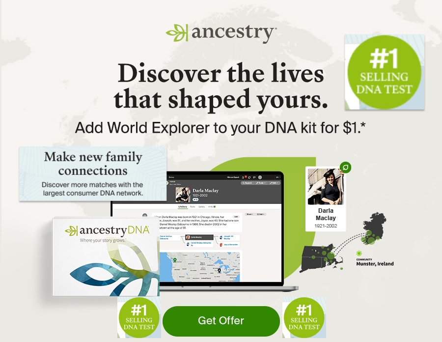 Ancestry Affiliate Banner with description of products and images of dna tests and ancestry user example