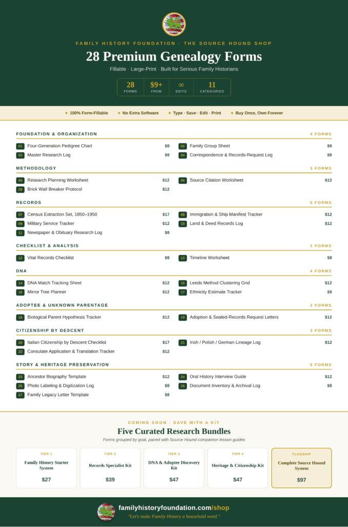 "Horizontal menu graphic for Family History Foundation's Source Hound Shop listing 28 fillable genealogy forms ($9–$17 each) across categories including Foundation & Organization, Records, DNA, Citizenship by Descent, and Story & Heritage Preservation, plus five bundle kits ranging from $27–$97."
