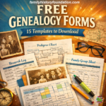 Free genealogy templates forms bundle showing 15 downloadable templates including pedigree charts, research logs, and family group sheets for organizing family history research