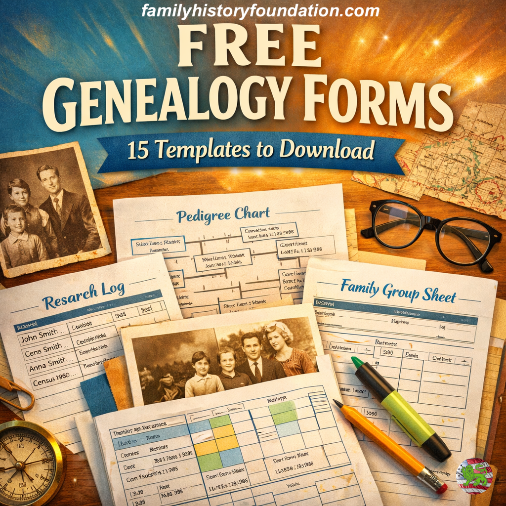 Free genealogy templates forms bundle showing 15 downloadable templates including pedigree charts, research logs, and family group sheets for organizing family history research
