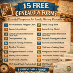 Free genealogy templates forms bundle infographic listing all 15 templates: pedigree chart, family group sheet, census extraction worksheet, research log, correspondence log, source citation worksheet, timeline worksheet, immigration tracker, military service tracker, land records log, vital records checklist, newspaper research log, and DNA analysis grids