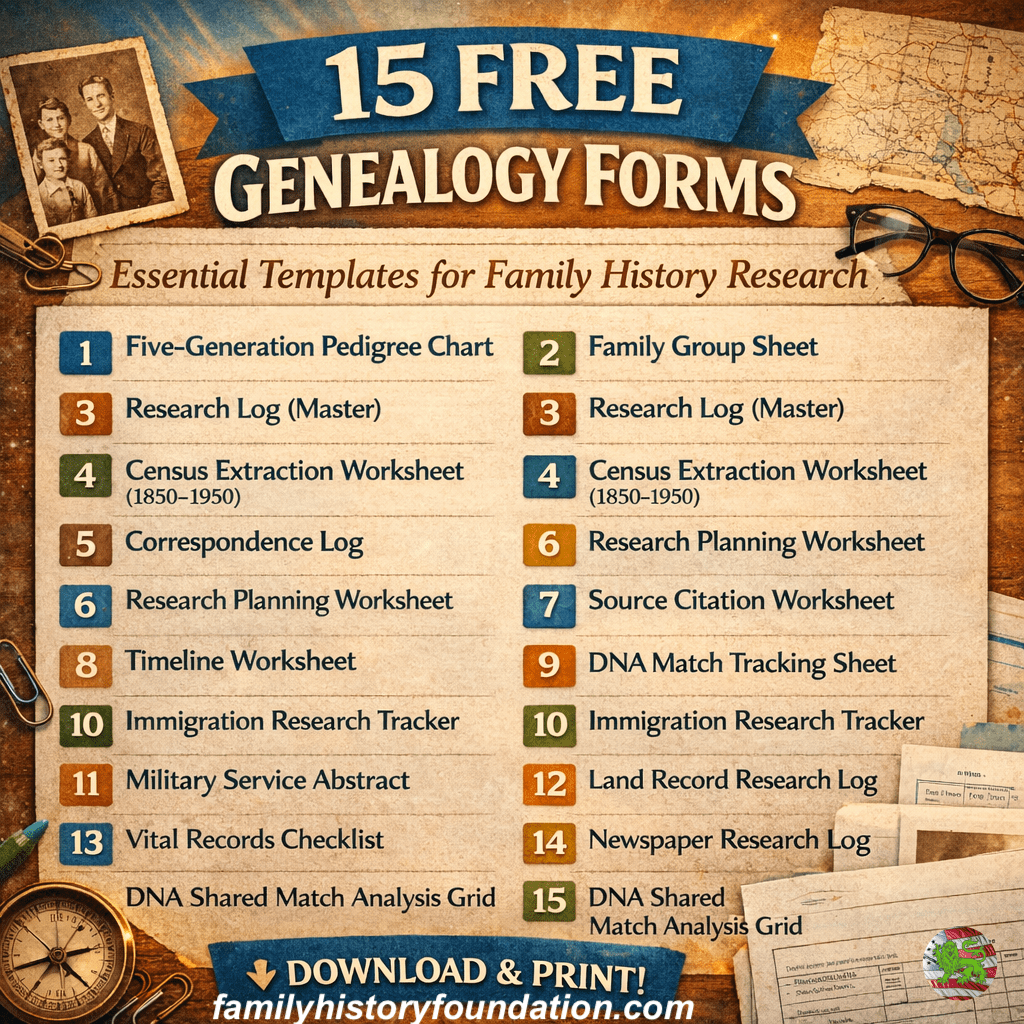 Free genealogy templates forms bundle infographic listing all 15 templates: pedigree chart, family group sheet, census extraction worksheet, research log, correspondence log, source citation worksheet, timeline worksheet, immigration tracker, military service tracker, land records log, vital records checklist, newspaper research log, and DNA analysis grids