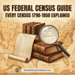 Historical US Federal Census forms from 1790 to 1950 showing evolution of genealogical data collection