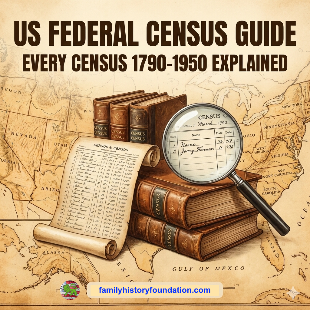 Historical US Federal Census forms from 1790 to 1950 showing evolution of genealogical data collection