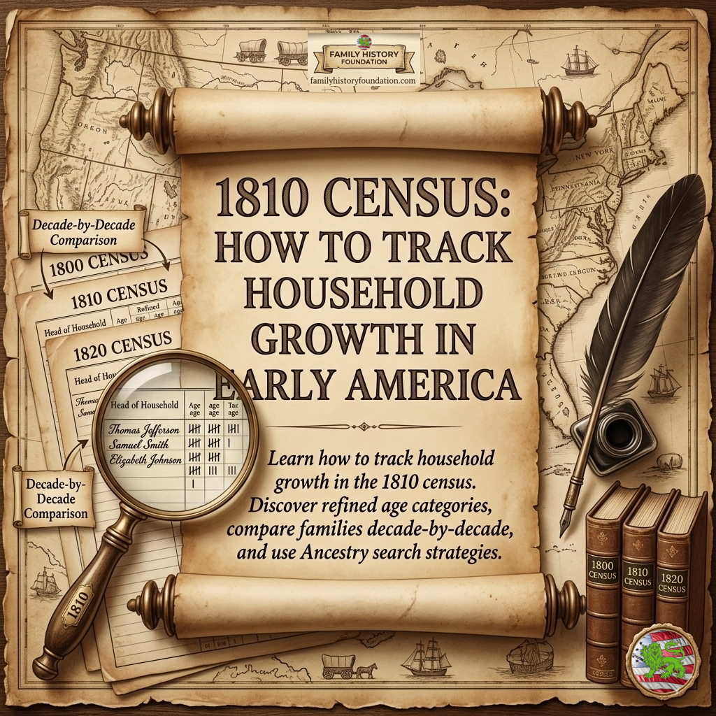 1810 Census form showing expanded male age categories from under 10 through 45+ for early American genealogy research