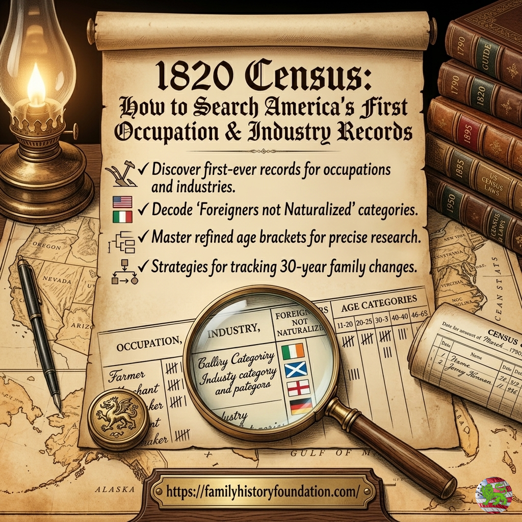 1820 census. An antique, sepia-toned infographic designed as a blog featured image. At the top, a stylized title on a scroll reads "1820 CENSUS: How to Search America's First Occupation & Industry Records." Below the title, a checklist highlights key features of the 1820 census, including the discovery of occupation and industry records, decoding 'Foreigners not Naturalized' categories, and mastering refined age brackets.