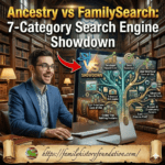 A 1:1 ratio digital infographic for a blog featured image. The top features a bold, glowing title that reads: "Ancestry vs FamilySearch: 7-Category Search Engine Showdown." The scene depicts a man in a modern blue blazer and glasses, sitting at a wooden desk in a grand, multi-level classical library filled with books and warm lamps. He is smiling enthusiastically at a sleek computer monitor.
