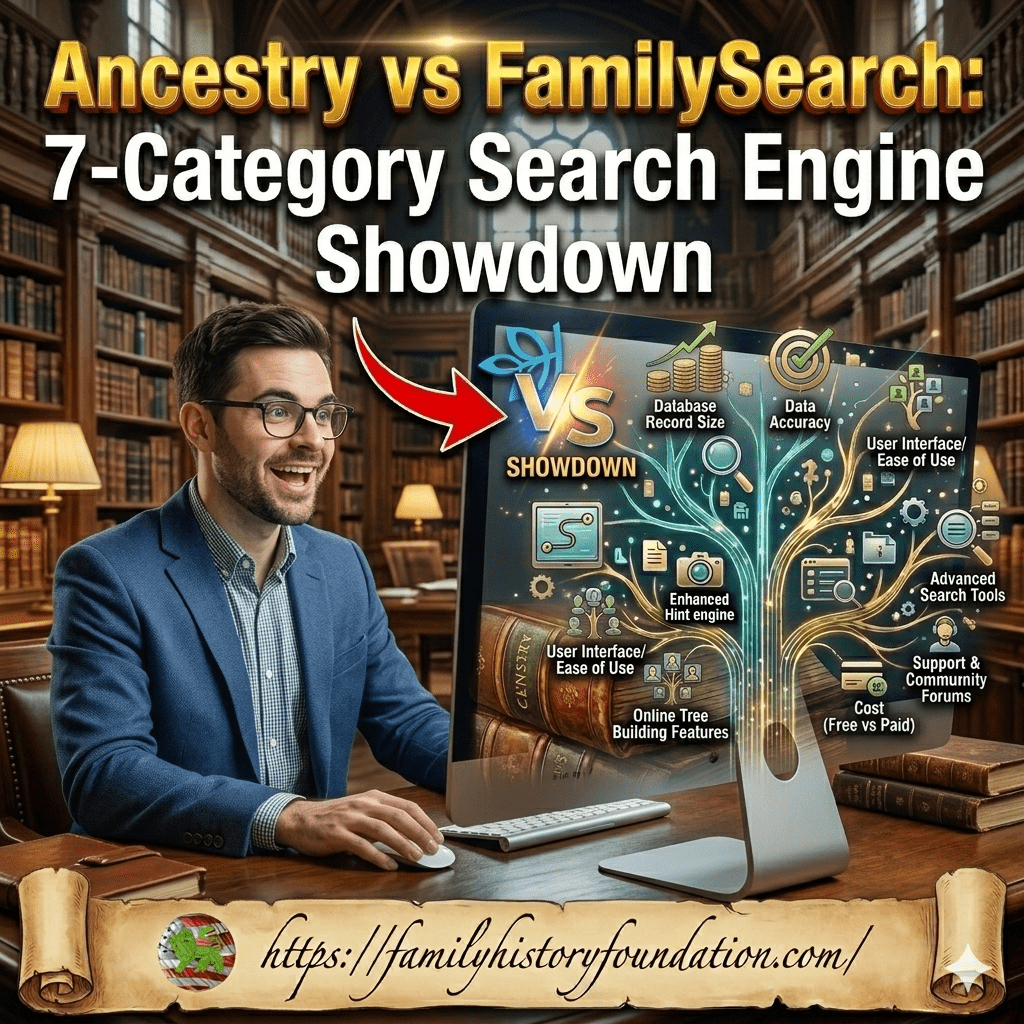 A 1:1 ratio digital infographic for a blog featured image. The top features a bold, glowing title that reads: "Ancestry vs FamilySearch: 7-Category Search Engine Showdown." The scene depicts a man in a modern blue blazer and glasses, sitting at a wooden desk in a grand, multi-level classical library filled with books and warm lamps. He is smiling enthusiastically at a sleek computer monitor.