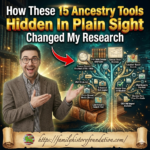15 Ancestry Tools Hidden In Plain Sight Changed My Research showing man happy with electronic tree with list of tools and red arrow
