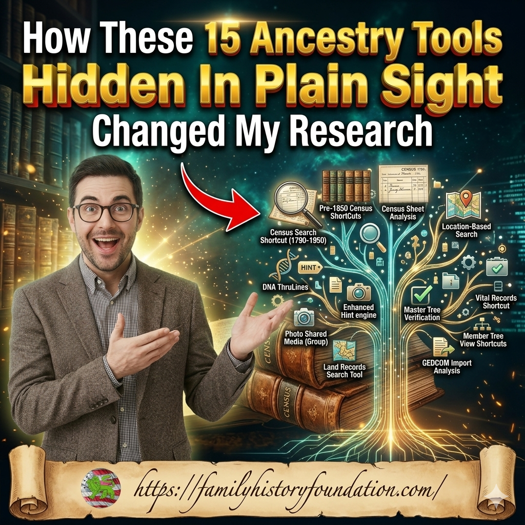 15 Ancestry Tools Hidden In Plain Sight Changed My Research showing man happy with electronic tree with list of tools and red arrow
