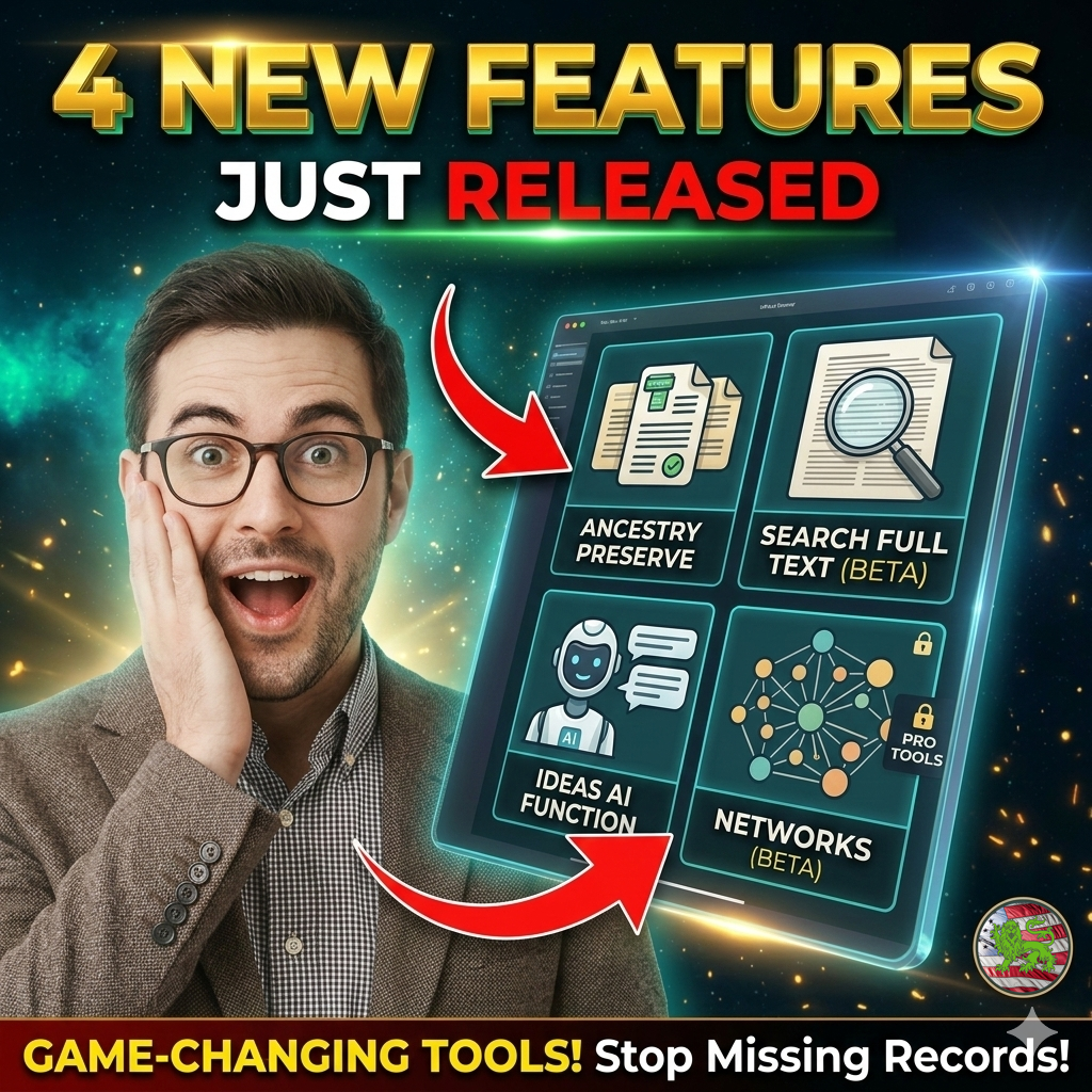 Thumbnail showing 4 new Ancestry features in 2026: AncestryPreserve, Search Full Text beta, Ideas AI Function, and Networks beta displayed on digital interface