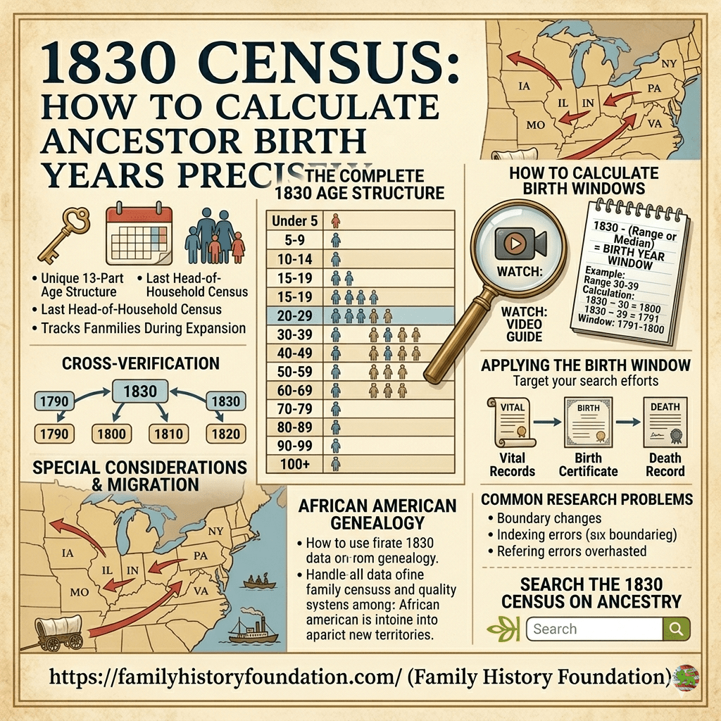 1830 Census. An illustrative infographic on a parchment-textured background. The top title is "1830 CENSUS: HOW TO CALCULATE ANCESTOR BIRTH YEARS PRECISELY". The central part of the image is a detailed depiction of an open "1830 US CENSUS FORM". A hand with a quill is pointing to a section on the left side of the form, which contains columns for "Name", "Agency", and age-related headers. A magnifying glass with a brass handle is positioned prominently over the middle section of the form, zooming in to show a detailed table with columns labeled "FREE WHITE PERSONS (MALE)" and "FREE WHITE PERSONS (FEMALE)" across various age brackets from "Under 5" to "100 & over". To the right of the form is a notebook with handwritten text: "1830 - (Estimated Age) = Birth Year." and a specific example calculation. A tag attached with a string reads "LAST HEAD-OF-HOUSEHOLD CENSUS" with small figures. The top-right corner features a map of the United States with red arrows and a small illustration of a covered wagon. A scroll banner at the bottom contains the website URL https://familyhistoryfoundation.com/ (Family History Foundation).