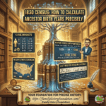 1830 Census. An infographic on a parchment-textured background with a yellow border. The top title is "1830 CENSUS: HOW TO CALCULATE ANCESTOR BIRTH YEARS PRECISELY" in a red, glowing font. Below this, there's a list of points with key icons: "Unique 13-Part Age Structure", "Last Head-of-Household Census", "Last Head-of-Household Census", and "Tracks Families During Expansion". Adjacent to this is a column titled "THE COMPLETE 1830 AGE STRUCTURE" with a table of age brackets and corresponding stick-figure counts. The rest of the image is divided into several detailed sections: HOW TO CALCULATE BIRTH WINDOWS: With a magnifying glass over a video player icon, a notebook with a formula, and text detailing the calculation steps. APPLYING THE BIRTH WINDOW: Showing a flow with icons from "Vital Records" to "Birth Certificate" to "Death Record". CROSS-VERIFICATION: With a timeline and a series of linked year boxes centered around "1830". COMMON RESEARCH PROBLEMS: Listing items like "Boundary changes" and "Indexing errors". SPECIAL CONSIDERATIONS & MIGRATION: With a map of the United States and red arrows showing westward movement, accompanied by illustrations of a covered wagon and a steamboat. AFRICAN AMERICAN GENEALOGY: With a short text block. SEARCH THE 1830 CENSUS ON ANCESTRY: With a search bar and a stylized leaf icon. The entire composition is bounded by a red, glowing effect. A bottom scroll banner contains the website URL https://familyhistoryfoundation.com/ (Family History Foundation)