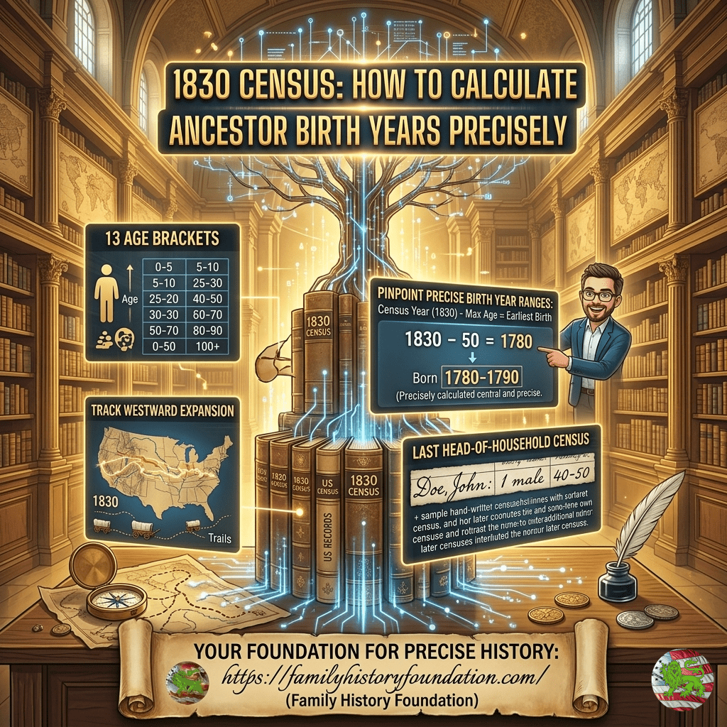 1830 Census. An infographic on a parchment-textured background with a yellow border. The top title is "1830 CENSUS: HOW TO CALCULATE ANCESTOR BIRTH YEARS PRECISELY" in a red, glowing font. Below this, there's a list of points with key icons: "Unique 13-Part Age Structure", "Last Head-of-Household Census", "Last Head-of-Household Census", and "Tracks Families During Expansion". Adjacent to this is a column titled "THE COMPLETE 1830 AGE STRUCTURE" with a table of age brackets and corresponding stick-figure counts. The rest of the image is divided into several detailed sections: HOW TO CALCULATE BIRTH WINDOWS: With a magnifying glass over a video player icon, a notebook with a formula, and text detailing the calculation steps. APPLYING THE BIRTH WINDOW: Showing a flow with icons from "Vital Records" to "Birth Certificate" to "Death Record". CROSS-VERIFICATION: With a timeline and a series of linked year boxes centered around "1830". COMMON RESEARCH PROBLEMS: Listing items like "Boundary changes" and "Indexing errors". SPECIAL CONSIDERATIONS & MIGRATION: With a map of the United States and red arrows showing westward movement, accompanied by illustrations of a covered wagon and a steamboat. AFRICAN AMERICAN GENEALOGY: With a short text block. SEARCH THE 1830 CENSUS ON ANCESTRY: With a search bar and a stylized leaf icon. The entire composition is bounded by a red, glowing effect. A bottom scroll banner contains the website URL https://familyhistoryfoundation.com/ (Family History Foundation)