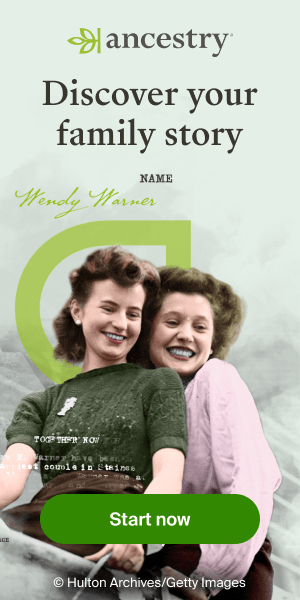 Ancestry advertising banner with two women and a green background.