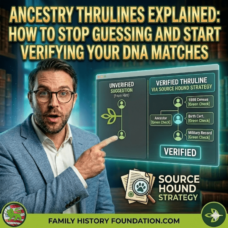 Ancestry ThruLines Explained. A square featured image for a blog post titled "Beyond the Green Leaf: Verify ThruLines with the Source Hound Strategy." On the left, a man with glasses and a beard points toward a digital interface. The interface compares an "Unverified Suggestion" featuring a basic family tree branch and a "Verified ThruLine" which shows a multi-generational tree supported by icons for an 1880 Census, Birth Certificate, and Military Record. A "Source Hound Strategy" logo featuring a magnifying glass over a paw print sits at the bottom right, and the website URL "familyhistoryfoundation.com" is displayed at the bottom.