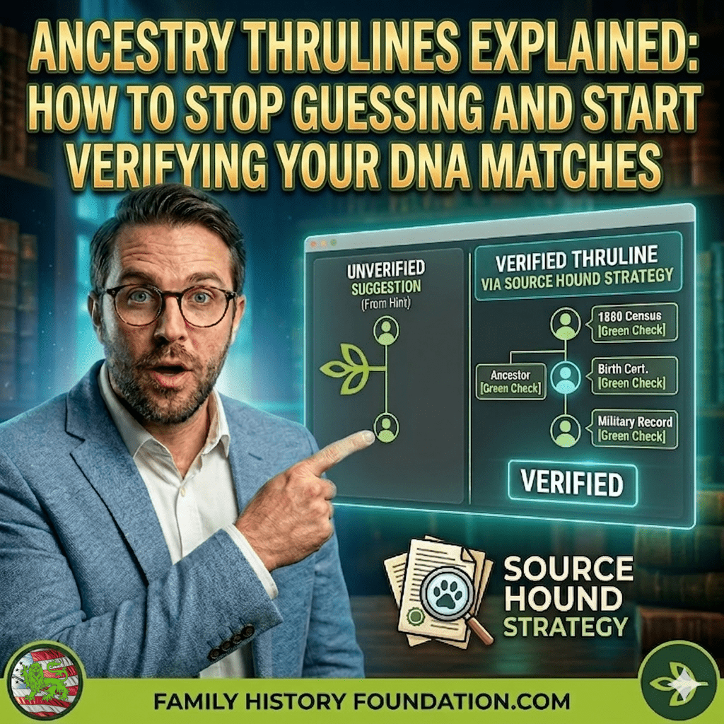 Ancestry ThruLines Explained. A square featured image for a blog post titled "Beyond the Green Leaf: Verify ThruLines with the Source Hound Strategy." On the left, a man with glasses and a beard points toward a digital interface. The interface compares an "Unverified Suggestion" featuring a basic family tree branch and a "Verified ThruLine" which shows a multi-generational tree supported by icons for an 1880 Census, Birth Certificate, and Military Record. A "Source Hound Strategy" logo featuring a magnifying glass over a paw print sits at the bottom right, and the website URL "familyhistoryfoundation.com" is displayed at the bottom.