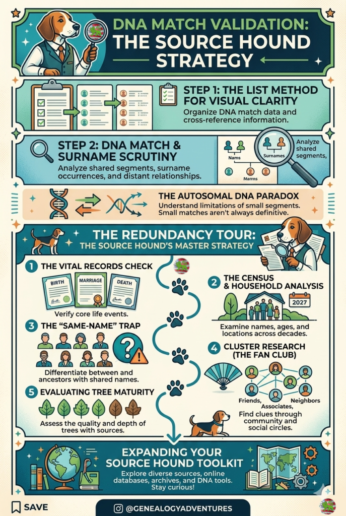 A vertical Pinterest infographic titled "DNA Match Validation: The Source Hound Strategy." The design features a beagle wearing a vest and holding a magnifying glass as a recurring "Source Hound" character. The infographic is organized into five numbered steps: Step 1: The List Method for organizing DNA data. Step 2: DNA Match & Surname Scrutiny. Step 3: The "Same-Name" Trap for differentiating ancestors. Step 4: Cluster Research (The FAN Club) illustrating connections between friends, associates, and neighbors. Step 5: Evaluating Tree Maturity with a row of leaf icons transitioning from green to brown. The graphic also includes sections on "The Autosomal DNA Paradox" and "The Redundancy Tour," featuring various icons like DNA strands, census records, and a globe.